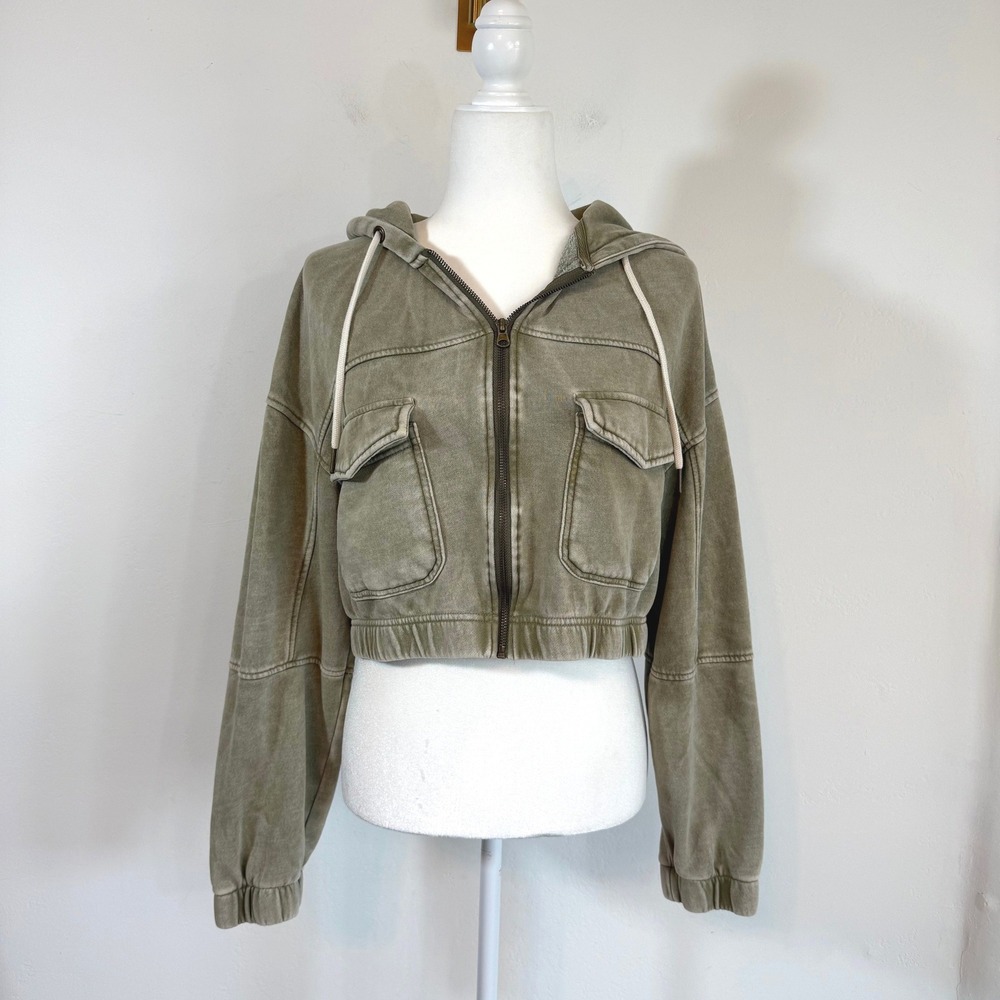 Urban Outfitters Yogi Cropped Zip Hoodie M Olive Acid Wash Utility Y2K Grunge